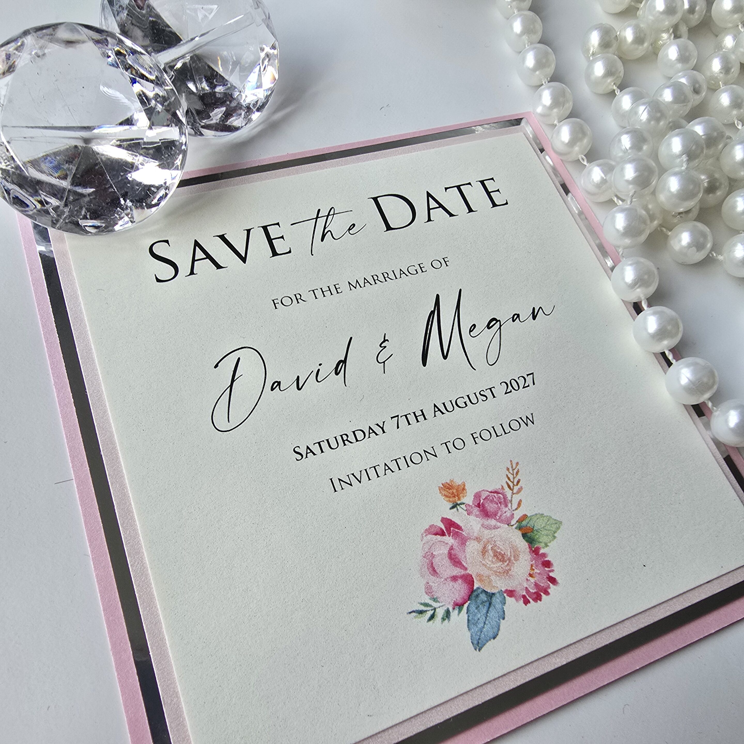 Shades of Pink Save the Date with Silver Mirror Card and a Pretty Floral Design