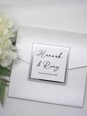 White and silver pocketfold invitation
