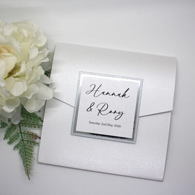 White and silver pocketfold invitation