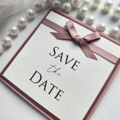Dusky Pink and Ivory Folded Save the Date with matching bow