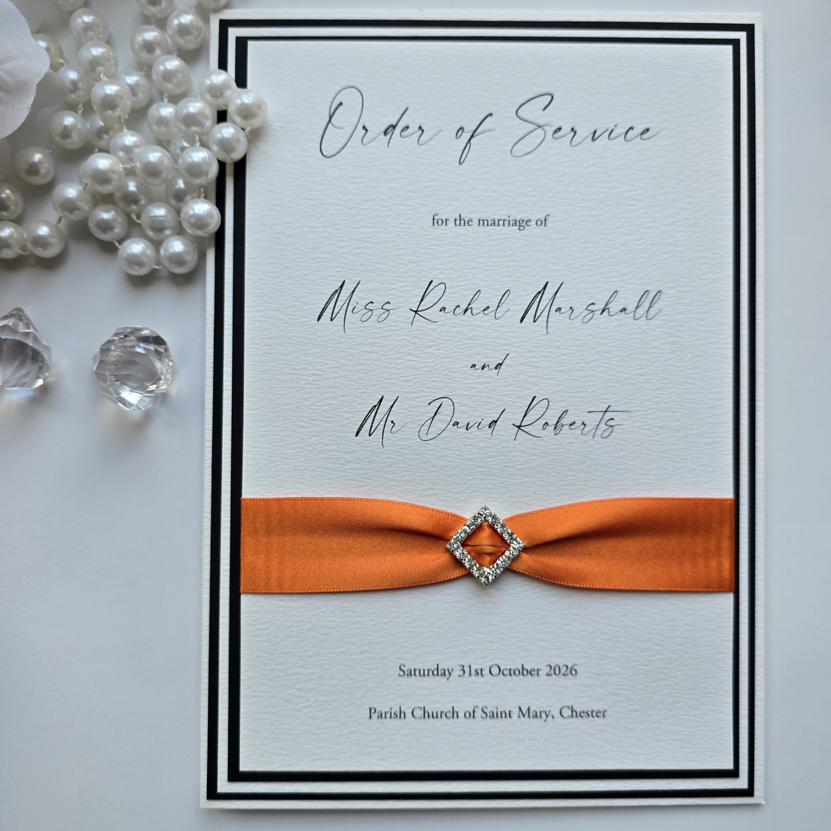 Orange and Black Order of Service Book with ribbon and diamante buckle detail - Image 2
