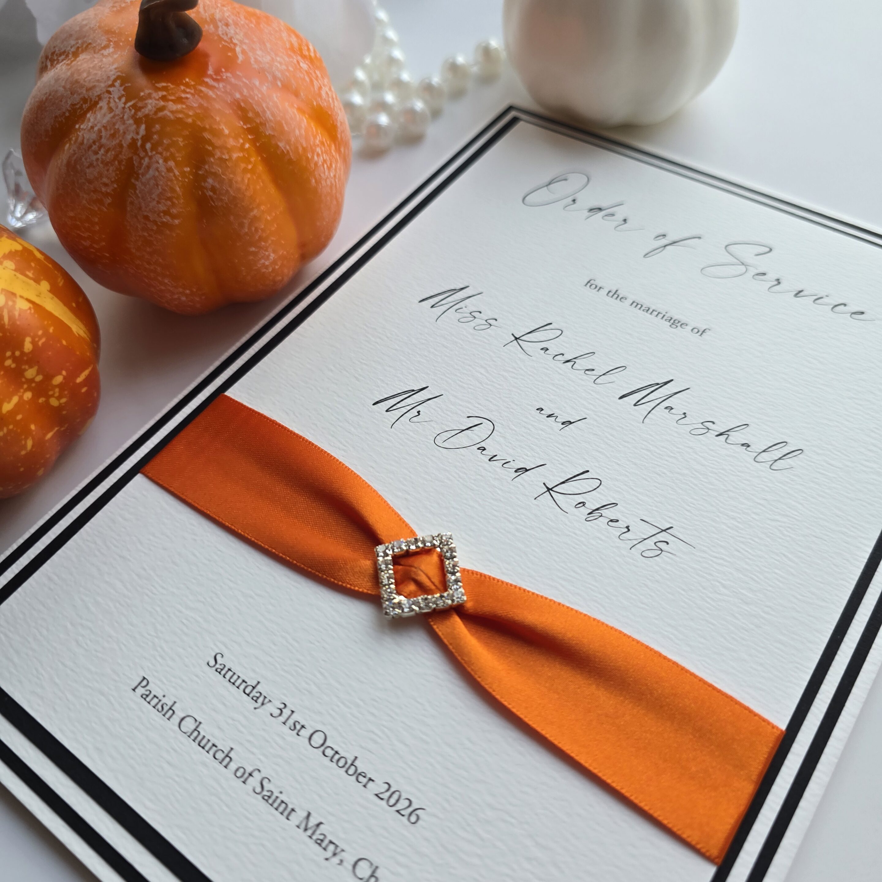 Orange and Black Order of Service Book with ribbon and diamante buckle
