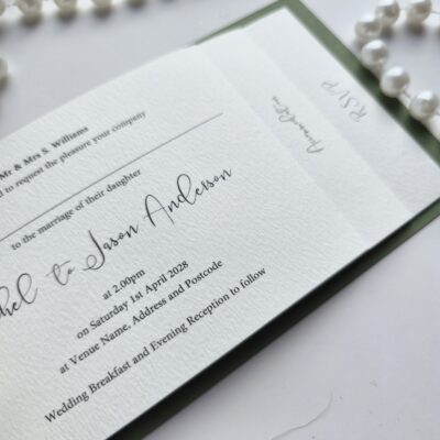 Sage Green and Ivory Classic Cheque Book Wedding Invitation staggered pages