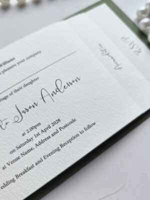Sage Green and Ivory Classic Cheque Book Wedding Invitation staggered pages