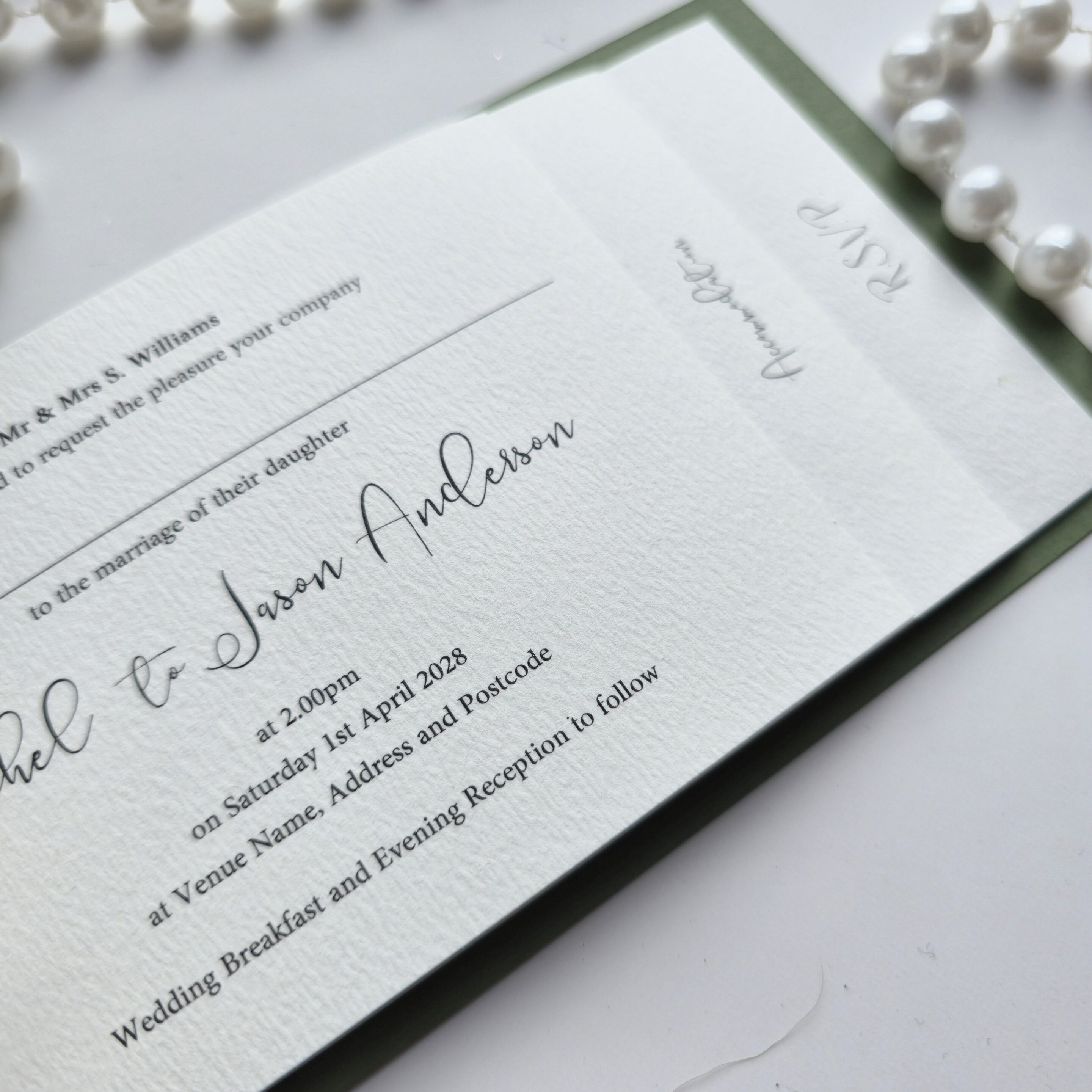 Sage Green and Ivory Classic Cheque Book Wedding Invitation staggered pages