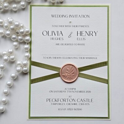 Sage Green and Ivory Wedding Invitation with Crossed Ribbon and Wax Seal Detailing
