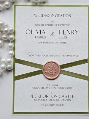 Sage Green and Ivory Wedding Invitation with Crossed Ribbon and Wax Seal Detailing