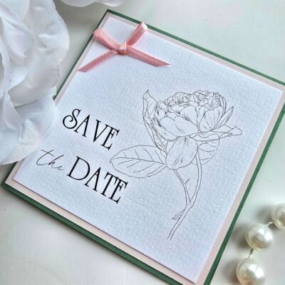 Sage Green and Pink Folded Save the Date with Peony Illustration and Bow Detail