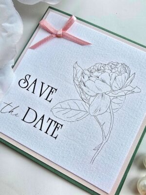 Sage Green and Pink Folded Save the Date with Peony Illustration and Bow Detail