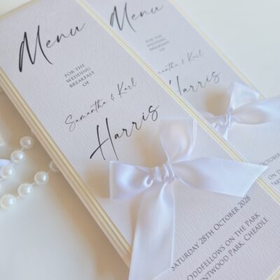 White and Ivory Tall Menu Cards with Big Ribbon Bow