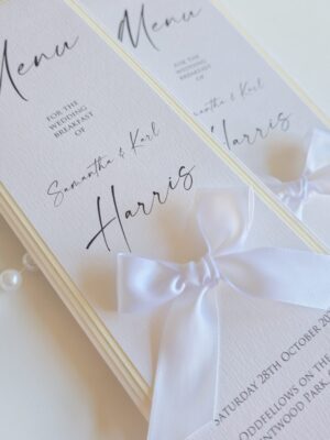 White and Ivory Tall Menu Cards with Big Ribbon Bow